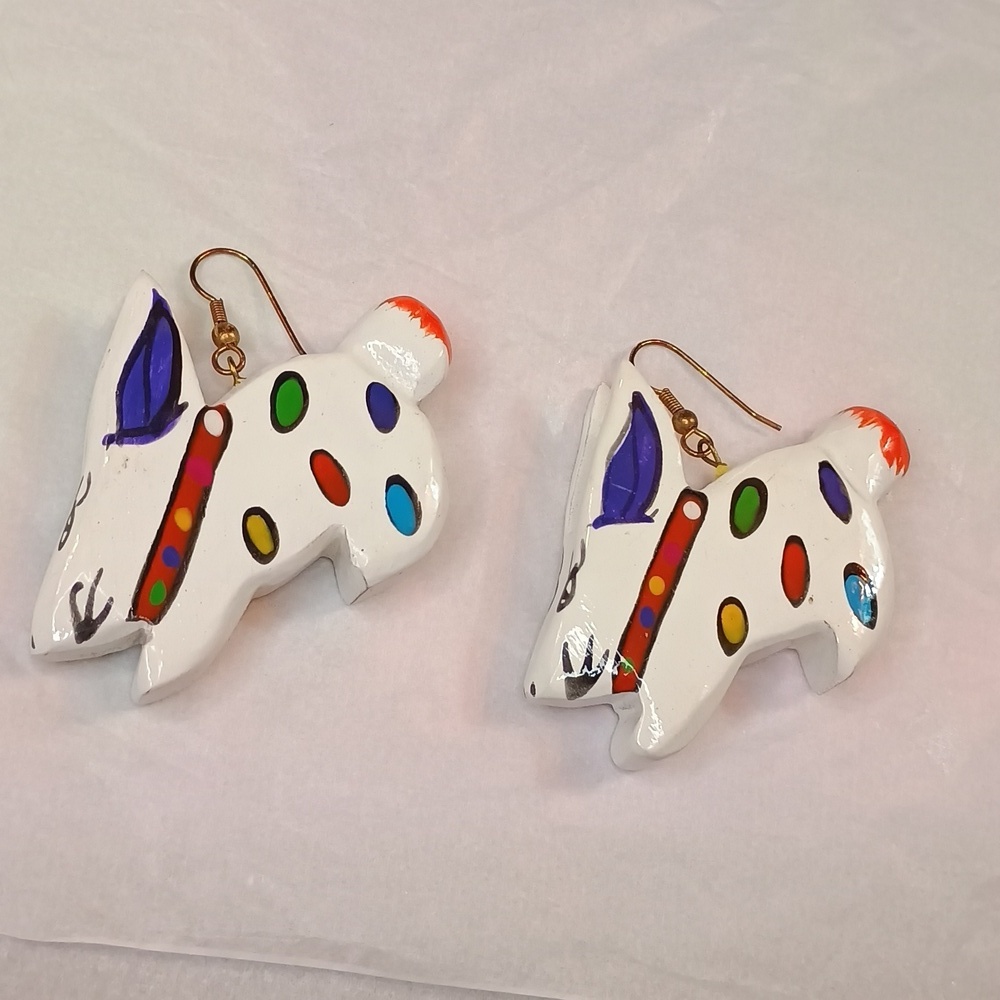 Handmade and Handpainted white with multi color Rabbit Earrings